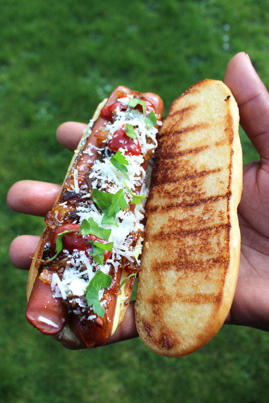 Hot Dog with Crispy Hot Onion Jam & Parmesan
