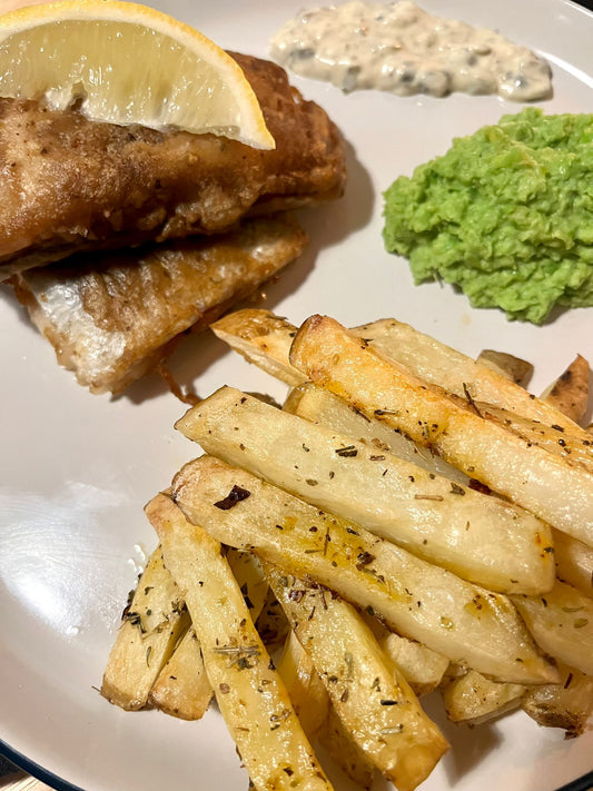 Camping Season Beer Battered Fish and Chips with Mushy Peas